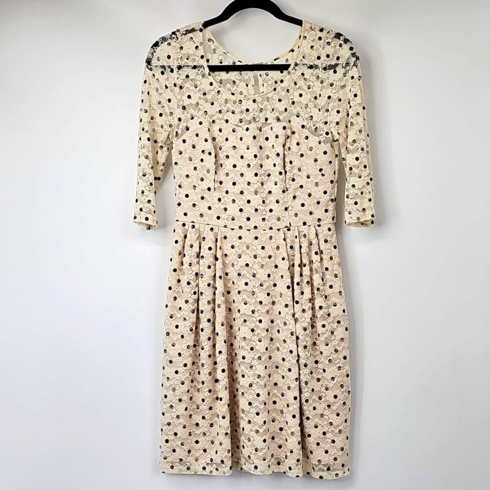 Betsy Johnson Polka Dot & Lace Sweetheart Bust Fit&Flare Dress Coquette Feminine